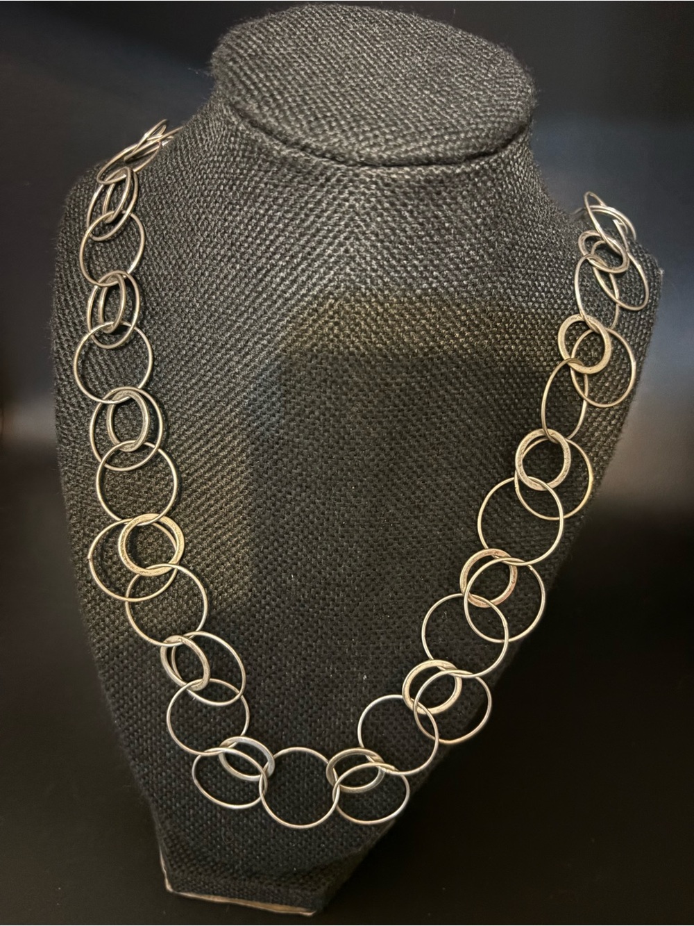 Elegant Silver Multi-Ring Link Necklace - Women Jewelry, Matte Finish, 28”, NEW